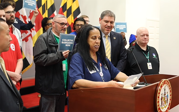 IAM Baltimore County Public Library Local 4538 Lodge President Anita Bass speaking in favor of the legislation.